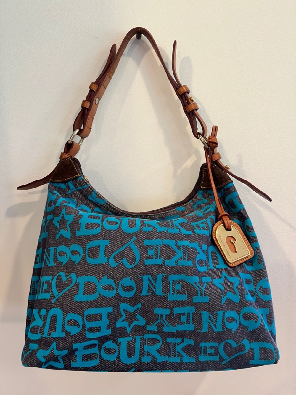 Vintage Dooney & Bourke Teal and Denim Logo-Print Adjustable Shoulder Bag